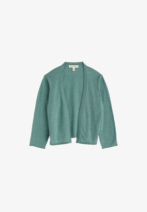 Lichtjadegroene openvallende cardigan met lange mouwen, geribbelde randen en een klein label bij de halslijn.