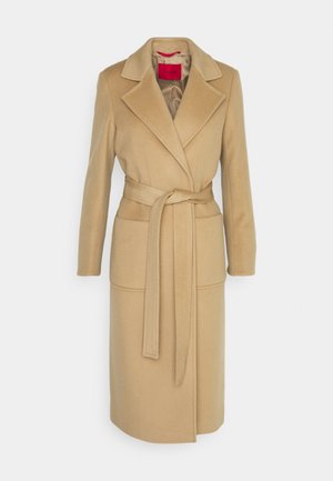 Beige wool coat with a tailored fit, long sleeves, and a wrap design. Features a large collar, belt, and two front pockets. Lined interior.