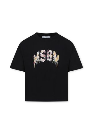 T-shirt cropped nera con scollo rotondo. Presenta la scritta "MSGM" in un motivo floreale dalle tonalità multicolori. Maniche corte, tessuto morbido.