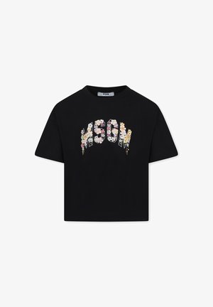 T-shirt cropped nera con scollo rotondo. Presenta la scritta "MSGM" in un motivo floreale dalle tonalità multicolori. Maniche corte, tessuto morbido.