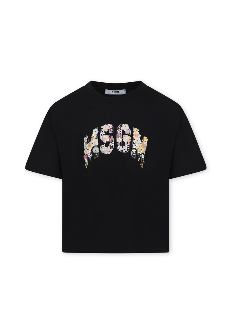 T-shirt cropped nera con scollo rotondo. Presenta la scritta "MSGM" in un motivo floreale dalle tonalità multicolori. Maniche corte, tessuto morbido.