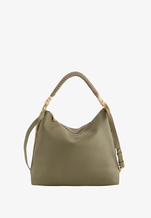 Olivgrüne Lederhandtasche mit geflochtenem beige-braunem Griff, goldfarbenem Reißverschluss und verstellbarem Schulterriemen.