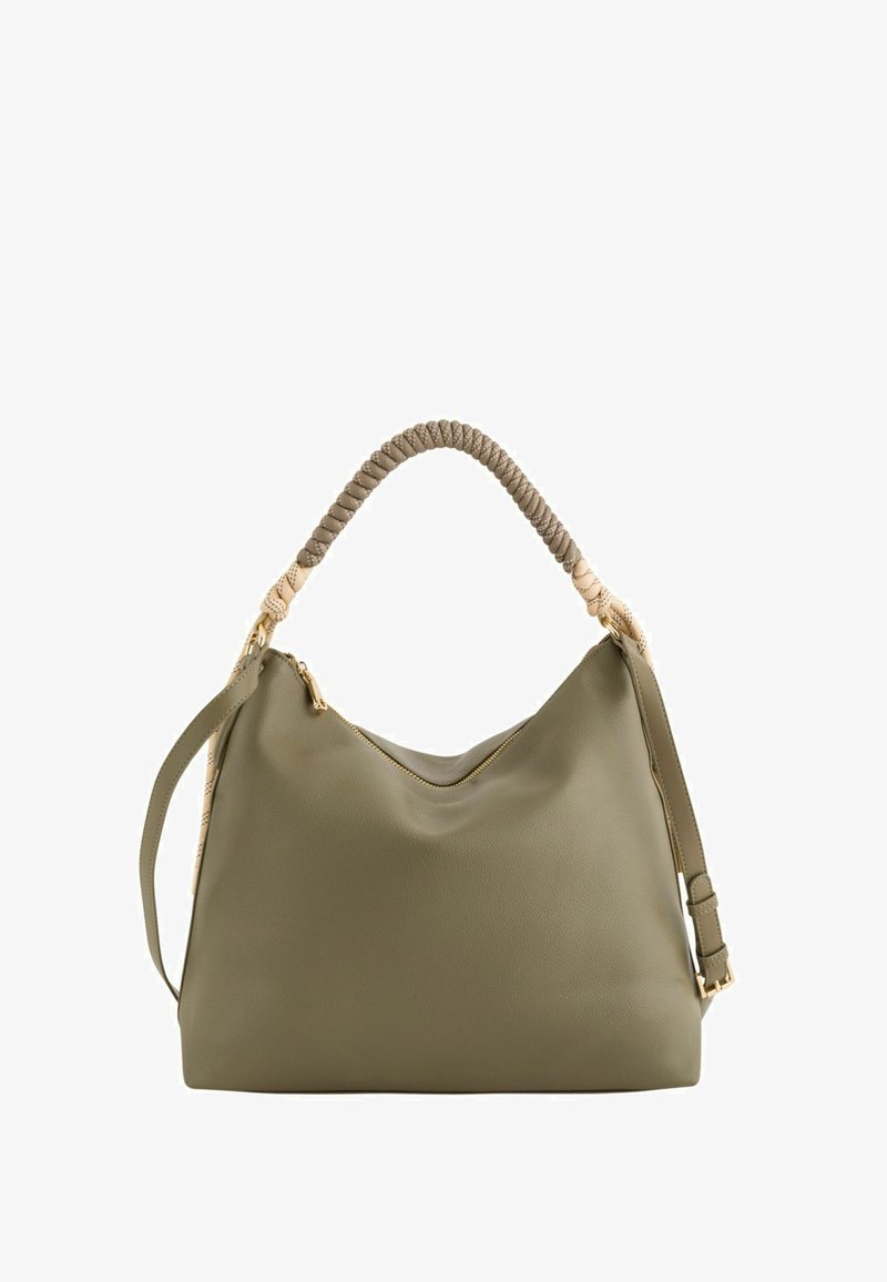 Geantă de mână din piele verde măsliniu, cu mâner împletit bej și maro, fermoar auriu și curea de umăr reglabilă.