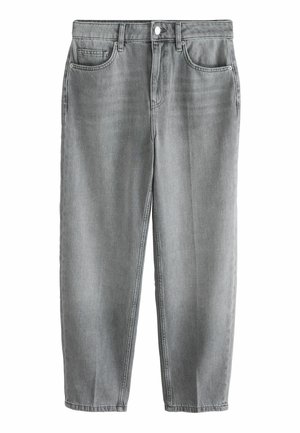 Straight-leg gray denim jeans with button and zipper closure, front and coin pockets, and belt loops, displayed on a white background.