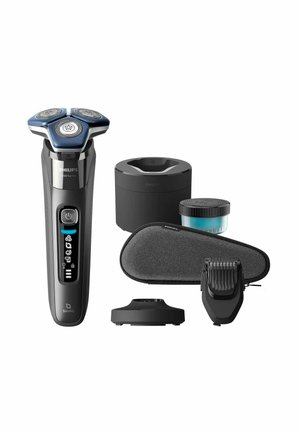 Philips shaver with three circular blades, black textured grip, LED display, charging stand, grey carrying case, and grooming attachments included.