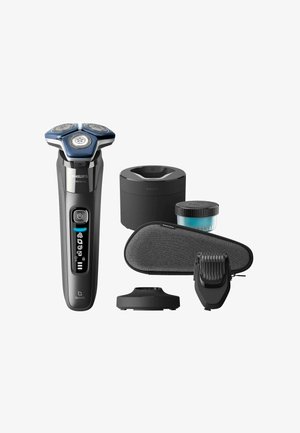 Philips shaver with three circular blades, black textured grip, LED display, charging stand, grey carrying case, and grooming attachments included.