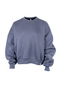 Sinine dressipluus ümarate kraega, ribatud varrukate ja alläärega, üle mõõtmete sobivus, valmistatud pehmest puuvilla ja sünteetika segust. Sujuv tekstuur ja minimaalne disain.