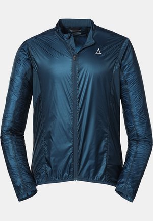 Marineblaue, leichte Jacke mit einem Frontreißverschluss, Stehkragen und strukturiertem Stoff. Mit einem Logo auf der linken Brust und elastischen Bündchen.