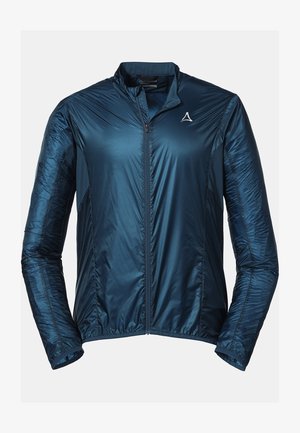 Chaqueta ligera de color azul marino con cremallera frontal, cuello alzado y tela texturizada. Presenta un logo en el lado izquierdo del pecho y puños elásticos.
