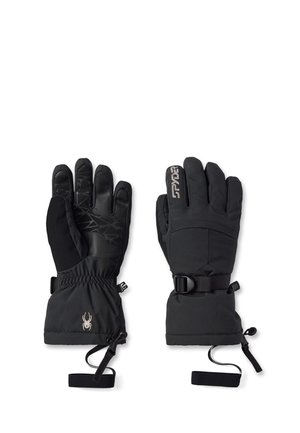Paire de gants d'hiver isolés noirs avec des sangles réglables au poignet, des paumes texturées et un petit logo araignée sur un poignet.