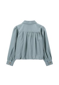 Chemise à manches longues bleu clair avec un tissu froncé en dessous de l'empiècement et des poignets boutonnés, vue de dos sur fond blanc.