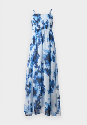 Maxi-jurk met bloemmotief in tinten van blauw, met een smock-buste en dunne bandjes, gemaakt van lichtgewicht, doorschijnende stof.