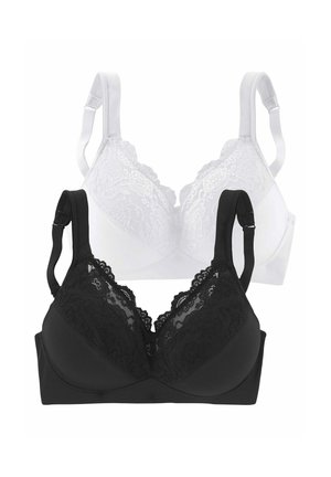 Two lace bras, one black and one white, with adjustable straps, displayed on a plain white background.