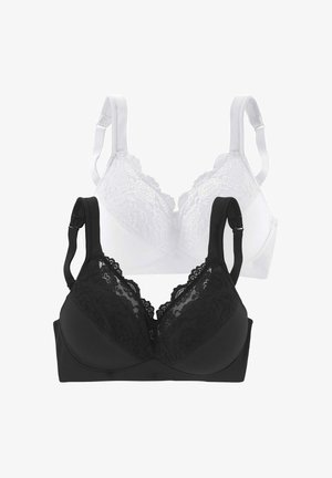 Two lace bras, one black and one white, with adjustable straps, displayed on a plain white background.