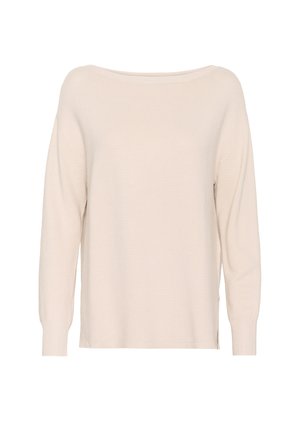 Light beige sweater made of ribbed knit material. Features a wide boat neckline and long, slightly puffed sleeves with fitted cuffs.