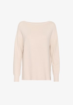Light beige sweater made of ribbed knit material. Features a wide boat neckline and long, slightly puffed sleeves with fitted cuffs.