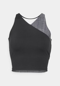 Top corto sportivo nero con design asimmetrico; presenta dettagli decorativi in tonalità di grigio su un lato; tessuto morbido e elasticizzato.