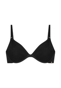 Svart bh med bygel i slät tyg, triangelformade kupor, justerbara band och en liten metallisk logotypdetalj på sidan.