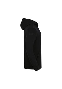 Haut à capuche noir avec une poche kangourou, des poignets et un ourlet côtelé, et un tissu texturé. Présente un logo sur l'épaule gauche.