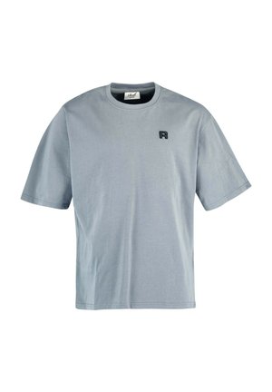 Light gray cotton t-shirt with a round neckline and short sleeves. Features a small black logo on the left chest area. Simple design.