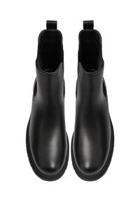 Botas de cuero negro hasta el tobillo con puntas redondeadas, tiradores en la parte posterior y suelas gruesas de goma, mostradas desde una vista superior.