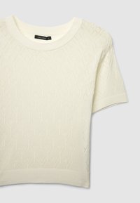 Cremefarbener, kurzärmeliger Strickoberteil mit diamantförmigem Muster und geripptem Halsausschnitt, Ärmelsäumen und Saum, Größe S.