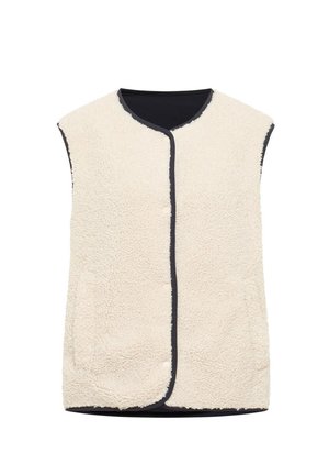 Ärmellose beige Fleeceweste mit schwarzer Einfassung an den Rändern und der Vorderöffnung, mit rundem Ausschnitt und zwei Fronttaschen.