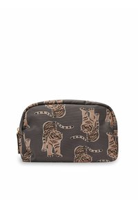 Cosmetica tas in donkergrijs stof met een herhaald tigermotief in beige. Ronde vorm met een ritsluiting; gestructureerd oppervlak.