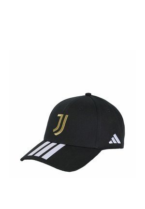 Schwarze Baseballkappe mit goldenem "J"-Logo vorne, weißen Adidas-Streifen am Schirm und weißem Adidas-Logo an der Seite.