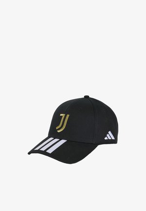 Schwarze Baseballkappe mit goldenem "J"-Logo vorne, weißen Adidas-Streifen am Schirm und weißem Adidas-Logo an der Seite.