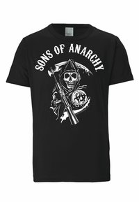 Black t-shirt featuring a white graphic of a skull in a hood, holding an axe and a rifle, with the text "SONS OF ANARCHY" above.