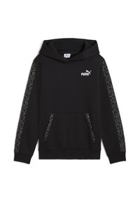 Čierna mikina s kapucňou s leopardím potlačou na rukávoch, prednej vrecku a bielym logom. Mäk materiál, nastaviteľná kapucňa a rebrované manžety.