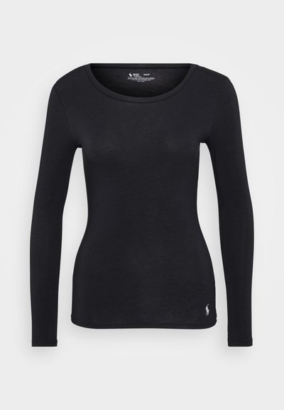 Long-sleeve black top made of soft material, featuring a round neckline, fitted shape, and a small embroidered logo on the lower left side.