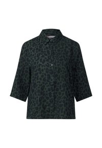 Grøn skjorte med knapper og korte ærmer, der har et sort leopardprintmønster og klassisk krave. Blød stofstruktur.