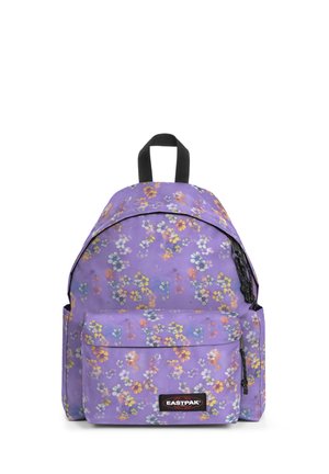 Zaino viola con stampa floreale, dotato di un compartimento principale, tasca frontale, cerniera nera e maniglia superiore per un facile trasporto.