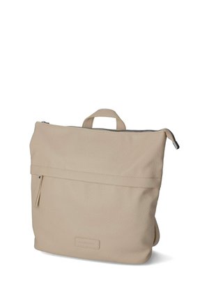 Beige leather backpack with top zipper, small front zipper pocket, and carrying handle against white background.