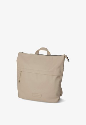 Beige leather backpack with top zipper, small front zipper pocket, and carrying handle against white background.