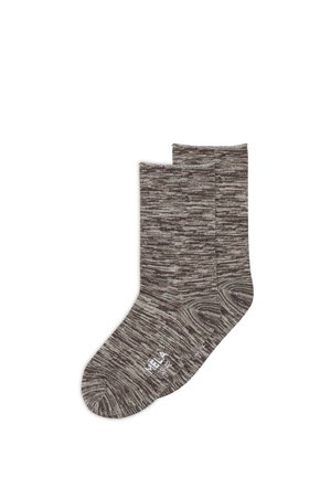 Pair of mid-calf socks with gray and brown marled knit pattern and small white brand logo near toes on a white background.