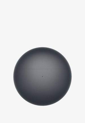 Round, matte black object, smooth texture, features a central dot, with a seamless design and subtle horizontal seam around the middle.