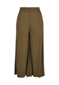 Pantalon large vert olive avec une taille élastique et une fente sur le devant de chaque jambe.