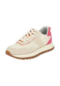 Light-colored sneaker with suede and synthetic material, featuring a rounded toe, lace-up front, and contrasting pink accents on the heel.