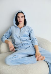 Ljusblå velour zip-up jumpsuit med huva, långa ärmar och framfickor. Mjuk textur, figursydd design med lösa byxben.