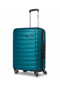 Teal harde koffer met een geometrisch patroon, uitschuifbare handgreep en vier multidirectionele wielen. Merklocatie prominent weergegeven.