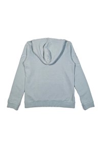 Felpa con cappuccio di un blu chiaro, con una texture a coste, cappuccio e maniche lunghe. Presenta cuciture rinforzate e un design casual.