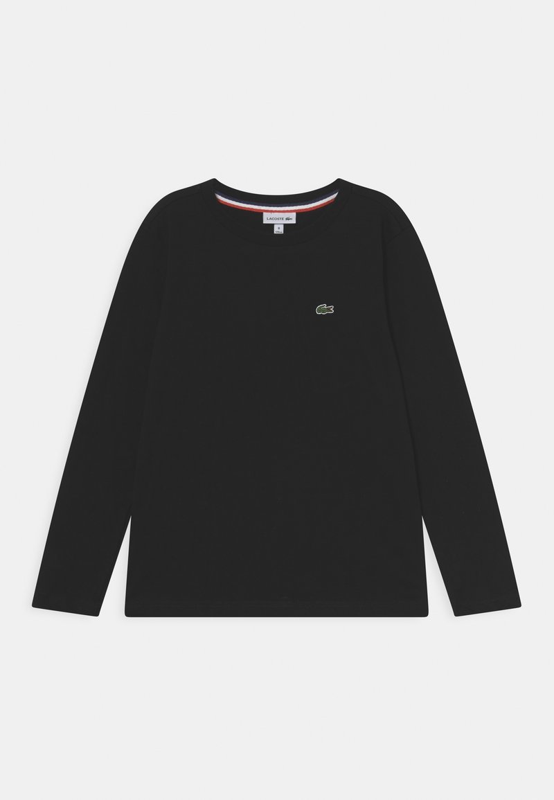 Czarna bawełniana koszulka z długim rękawem, z okrągłym dekoltem i małym zielonym logo krokodyla na lewej piersi.