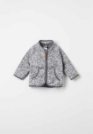 Szara i biała melanżowa kurtka dla małego dziecka z przednim zamkiem błyskawicznym i dwoma zaokrąglonymi kieszeniami, wykończona jednolitym szarym materiałem.