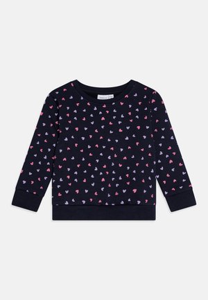 Marineblauwe sweatshirt met lange mouwen, voorzien van een verspreid patroon van roze en paarse harten. Gemaakt van zachte stof met geribbeld boord en zoom.