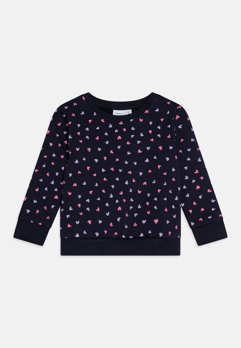 Sweatshirt azul-marinho com mangas longas, apresentando um padrão disperso de corações rosa e roxos. Feito de tecido suave com punhos e bainha canelados.