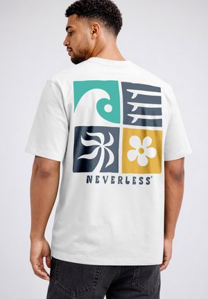 Man wearing white T-shirt with four colorful square symbols (wave, three lines, swirled shape, flower) and "NEVERLESS" text on back.