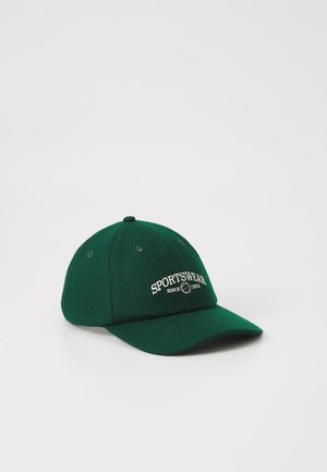 Green cotton baseball cap with a curved brim, featuring white embroidered text "SPORTSWEAR since 1923" on the front.